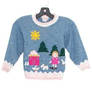 Grand Girls Sweater Vintage Scene Walking Dog Long Sleeve Blue Pink Large 6X GJ